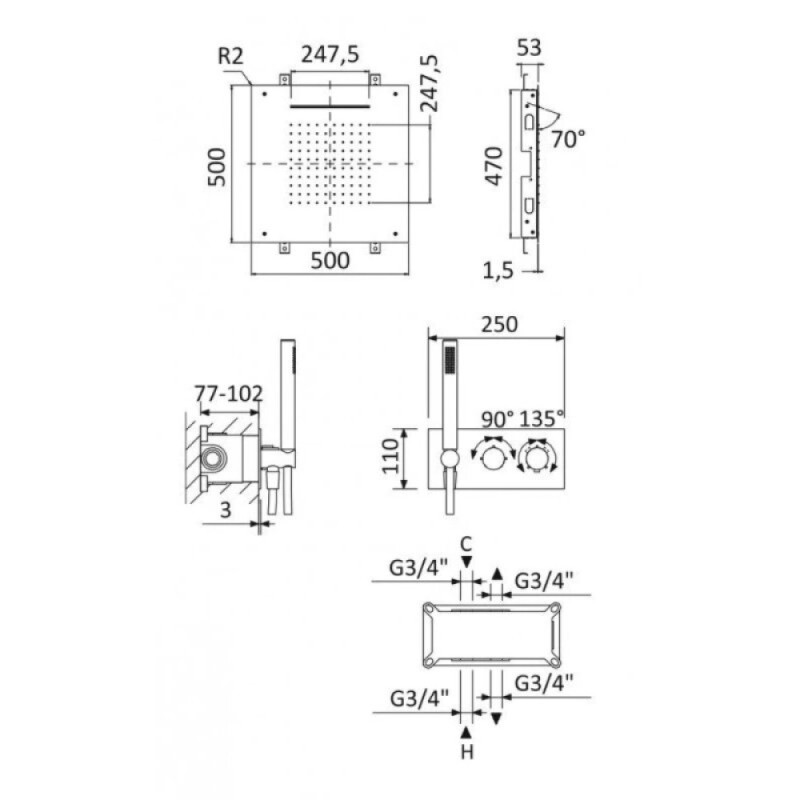 Душевая система Cezares LEAF-DSIS-T-50-NOP, термостатическая, черный матовый