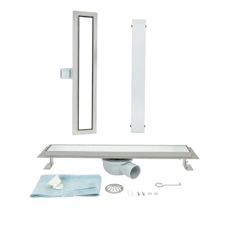 Дренажный канал ALMAes Laguna 70 см, LG70WH, решетка под плитку, нержавеющая сталь/стекло, цвет белый