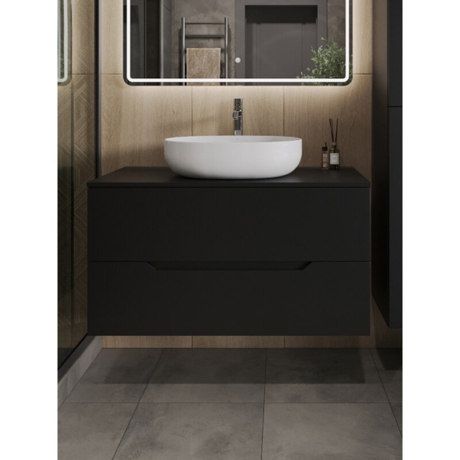 Тумба с раковиной Orange Line Li-100TubMDF+B05-520W, 100 см, подвесная, цвет черный матовый Soft Touch