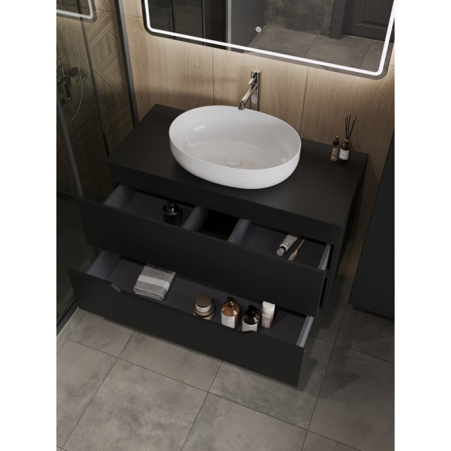 Тумба с раковиной Orange Line Li-100TubMDF+B05-520W, 100 см, подвесная, цвет черный матовый Soft Touch
