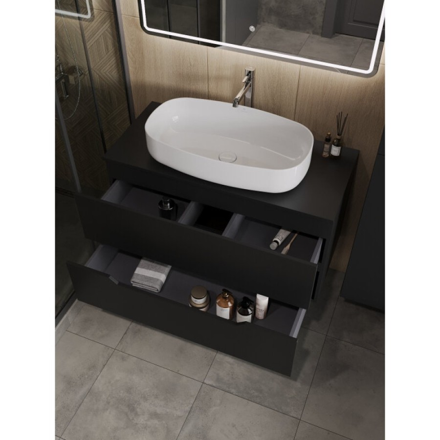 Тумба с раковиной Orange Line Li-100TubMDF+B07-675W, 100 см, подвесная, цвет черный матовый Soft Touch