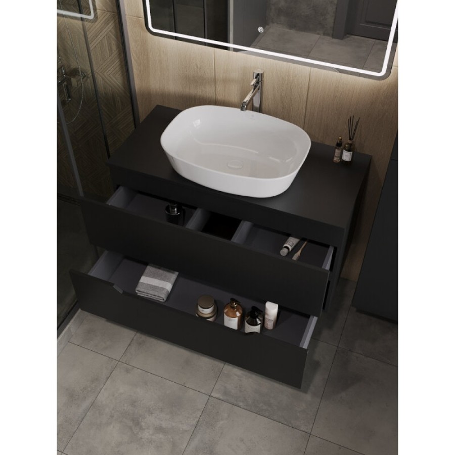 Тумба с раковиной Orange Line Li-100TubMDF+B08-500W, 100 см, подвесная, цвет черный матовый Soft Touch