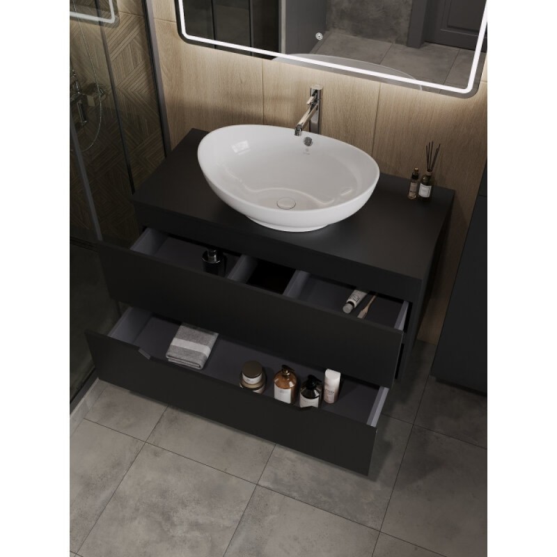 Тумба с раковиной Orange Line Li-100TubMDF+B08-585W, 100 см, подвесная, цвет черный матовый Soft Touch