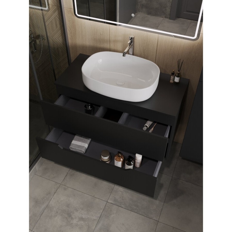 Тумба с раковиной Orange Line Li-100TubMDF+B08-600W, 100 см, подвесная, цвет черный матовый Soft Touch