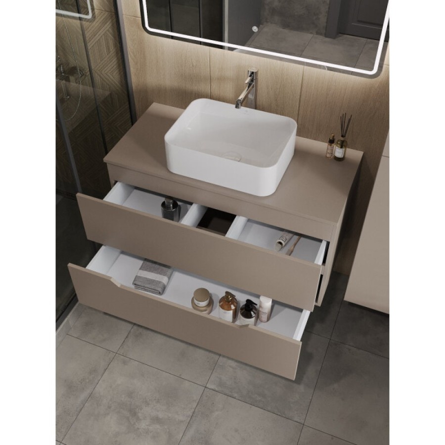 Тумба с раковиной Orange Line Li-100TuLMDF+B02-460W, 100 см, подвесная, цвет латте матовый Soft Touch