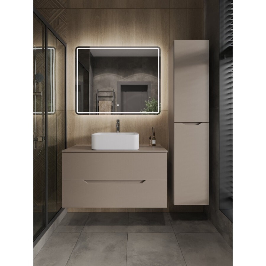 Тумба с раковиной Orange Line Li-100TuLMDF+B02-460W, 100 см, подвесная, цвет латте матовый Soft Touch