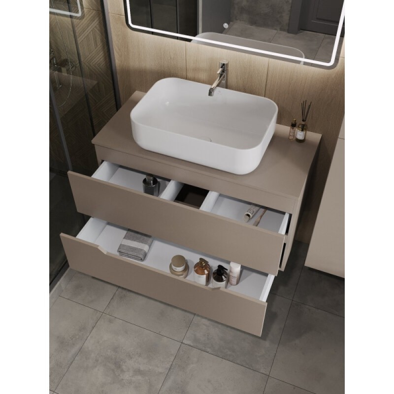 Тумба с раковиной Orange Line Li-100TuLMDF+B03-600W, 100 см, подвесная, цвет латте матовый Soft Touch