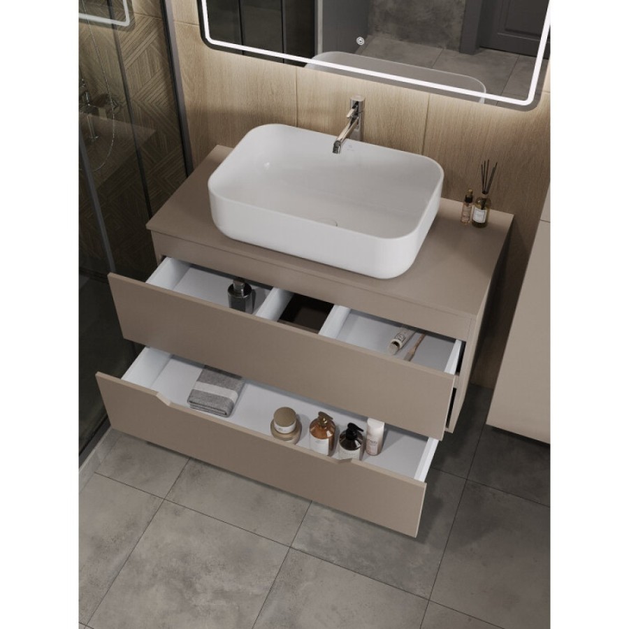Тумба с раковиной Orange Line Li-100TuLMDF+B03-600W, 100 см, подвесная, цвет латте матовый Soft Touch