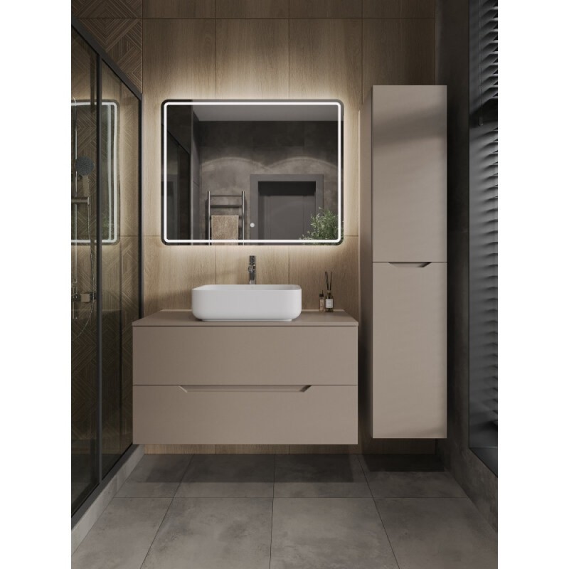 Тумба с раковиной Orange Line Li-100TuLMDF+B05-500W, 100 см, подвесная, цвет латте матовый Soft Touch