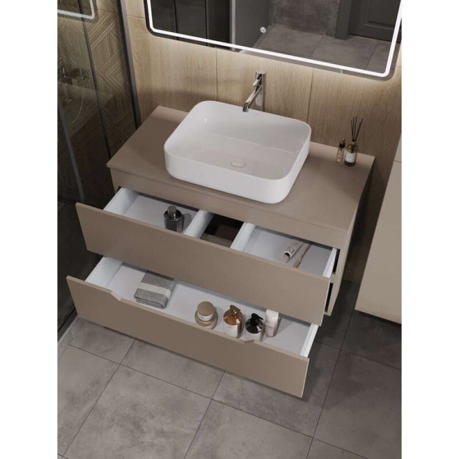 Тумба с раковиной Orange Line Li-100TuLMDF+B05-500W, 100 см, подвесная, цвет латте матовый Soft Touch