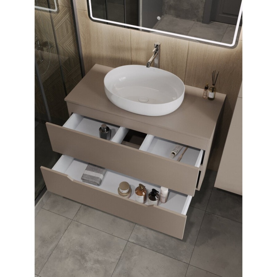Тумба с раковиной Orange Line Li-100TuLMDF+B05-520W, 100 см, подвесная, цвет латте матовый Soft Touch