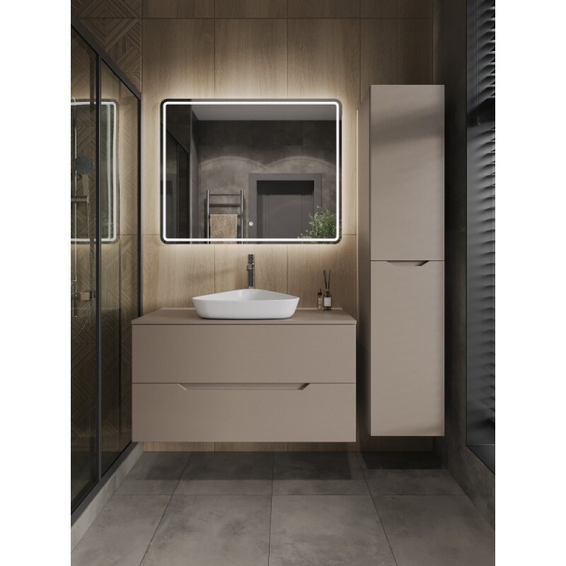 Тумба с раковиной Orange Line Li-100TuLMDF+B07-500W, 100 см, подвесная, цвет латте матовый Soft Touch