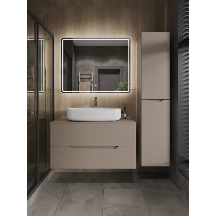Тумба с раковиной Orange Line Li-100TuLMDF+B07-675W, 100 см, подвесная, цвет латте матовый Soft Touch