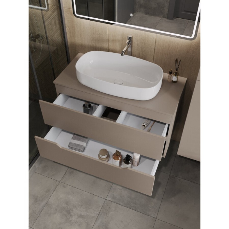 Тумба с раковиной Orange Line Li-100TuLMDF+B07-675W, 100 см, подвесная, цвет латте матовый Soft Touch