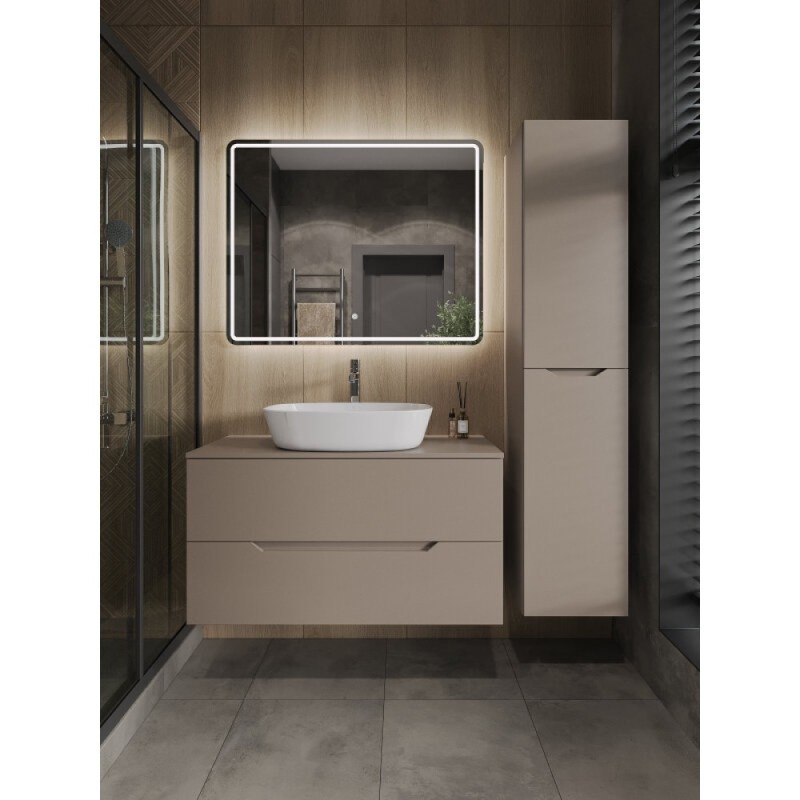 Тумба с раковиной Orange Line Li-100TuLMDF+B08-500W, 100 см, подвесная, цвет латте матовый Soft Touch