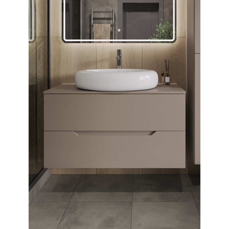 Тумба с раковиной Orange Line Li-100TuLMDF+B08-640W, 100 см, подвесная, цвет латте матовый Soft Touch