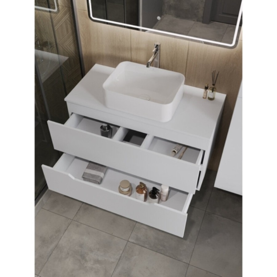 Тумба с раковиной Orange Line Li-100TuwMDF+B02-460W, 100 см, подвесная, цвет белый матовый Soft Touch