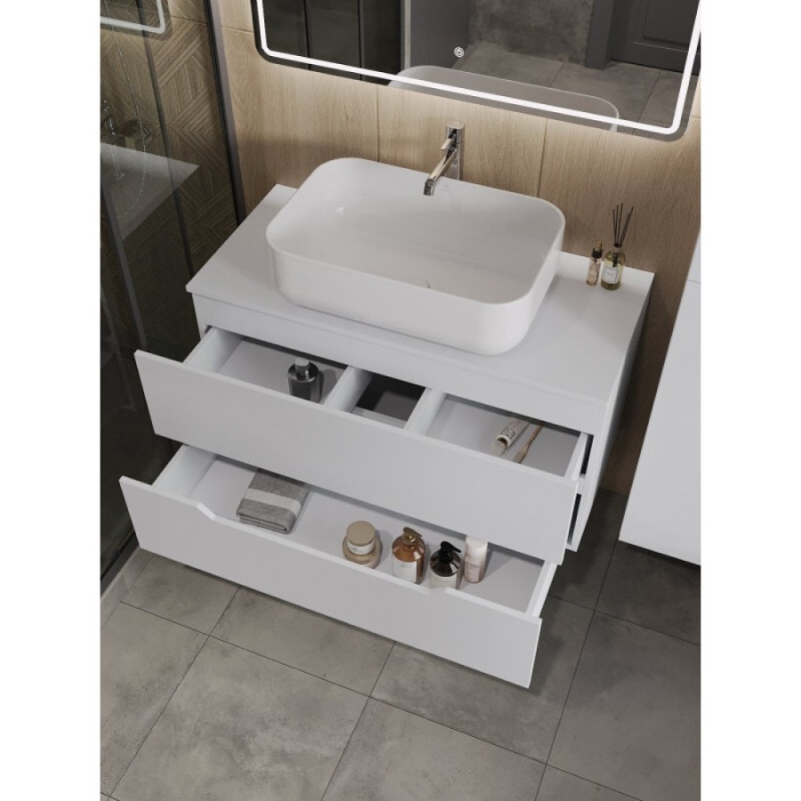 Тумба с раковиной Orange Line Li-100TuwMDF+B03-600W, 100 см, подвесная, цвет белый матовый Soft Touch