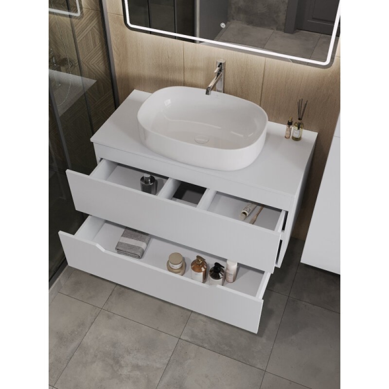 Тумба с раковиной Orange Line Li-100TuwMDF+B04-600W, 100 см, подвесная, цвет белый матовый Soft Touch
