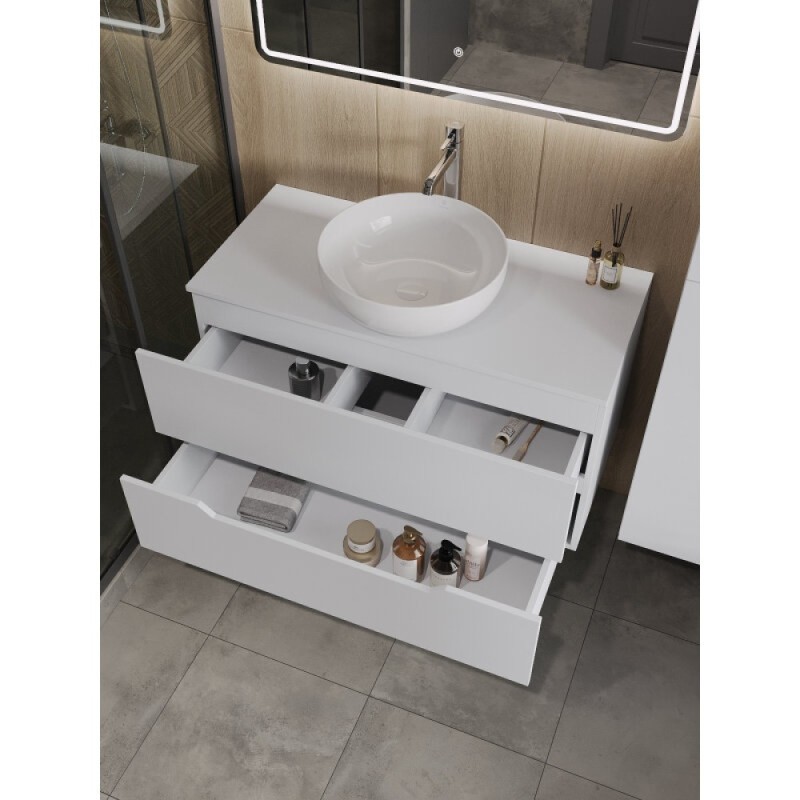 Тумба с раковиной Orange Line Li-100TuwMDF+B07-420W, 100 см, подвесная, цвет белый матовый Soft Touch