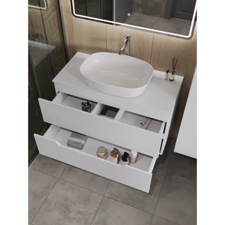 Тумба с раковиной Orange Line Li-100TuwMDF+B08-500W, 100 см, подвесная, цвет белый матовый Soft Touch