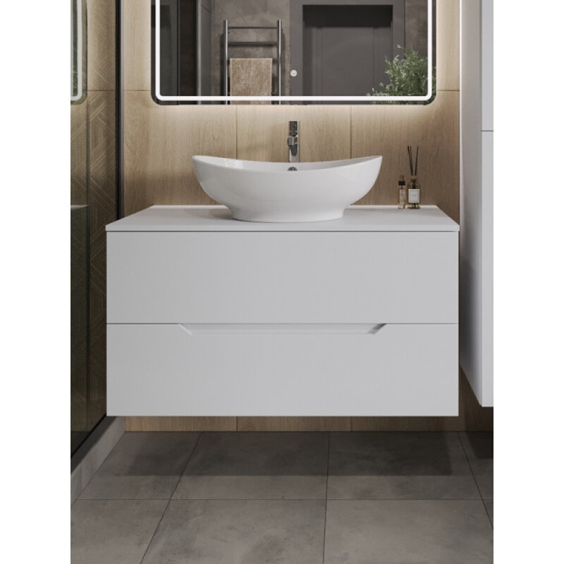 Тумба с раковиной Orange Line Li-100TuwMDF+B08-585W, 100 см, подвесная, цвет белый матовый Soft Touch