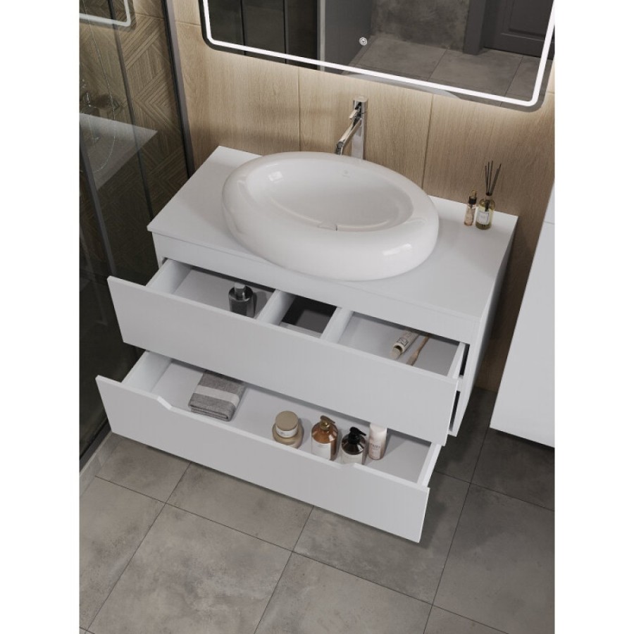 Тумба с раковиной Orange Line Li-100TuwMDF+B08-640W, 100 см, подвесная, цвет белый матовый Soft Touch