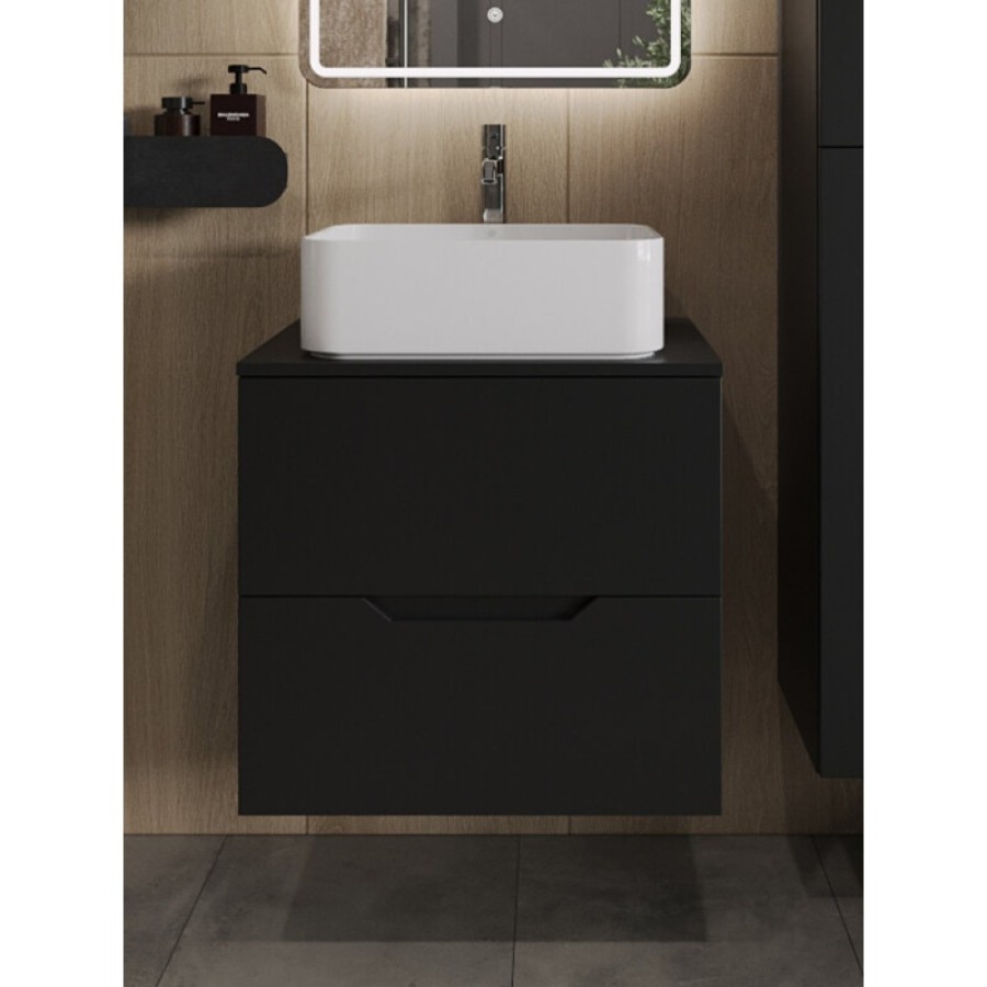 Тумба с раковиной Orange Line Li-60TubMDF+B02-460W, 60 см, подвесная, цвет черный матовый Soft Touch