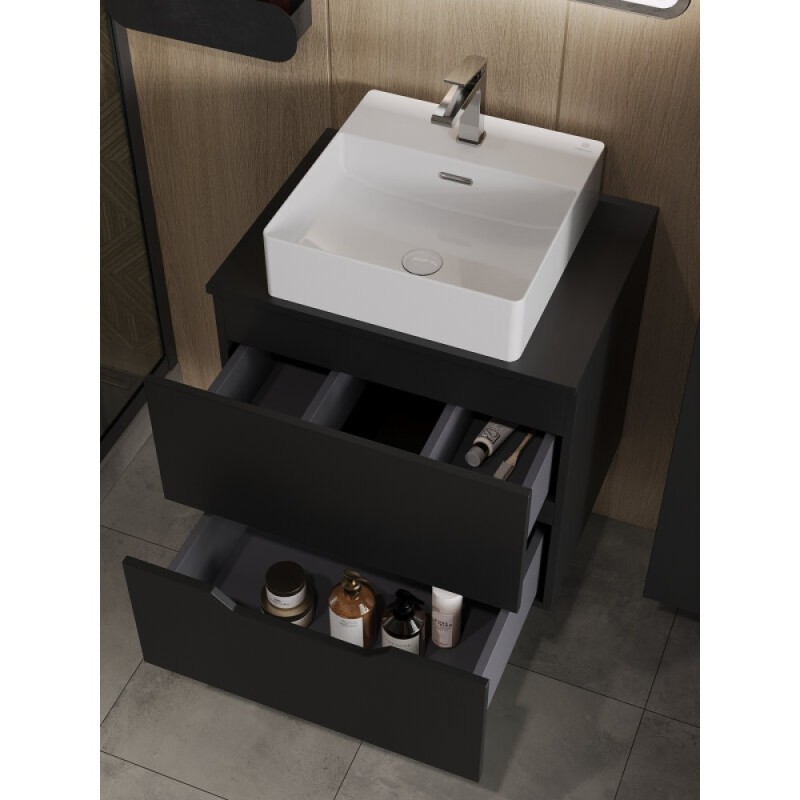 Тумба с раковиной Orange Line Li-60TubMDF+B04-405W, 60 см, подвесная, цвет черный матовый Soft Touch