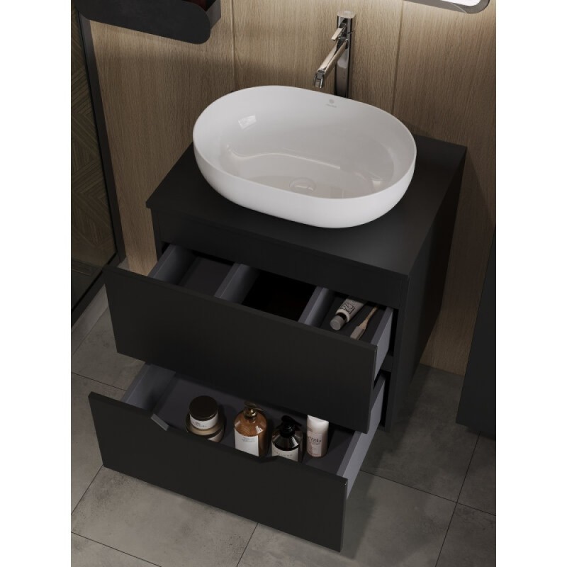Тумба с раковиной Orange Line Li-60TubMDF+B05-480W, 60 см, подвесная, цвет черный матовый Soft Touch