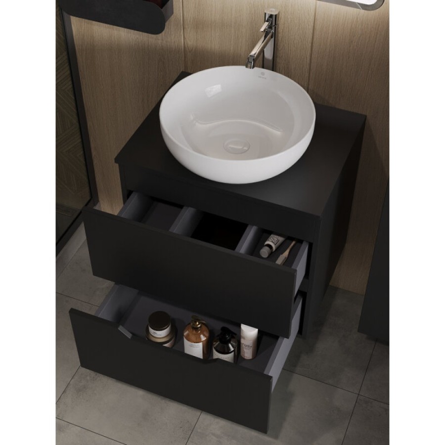 Тумба с раковиной Orange Line Li-60TubMDF+B07-420W, 60 см, подвесная, цвет черный матовый Soft Touch