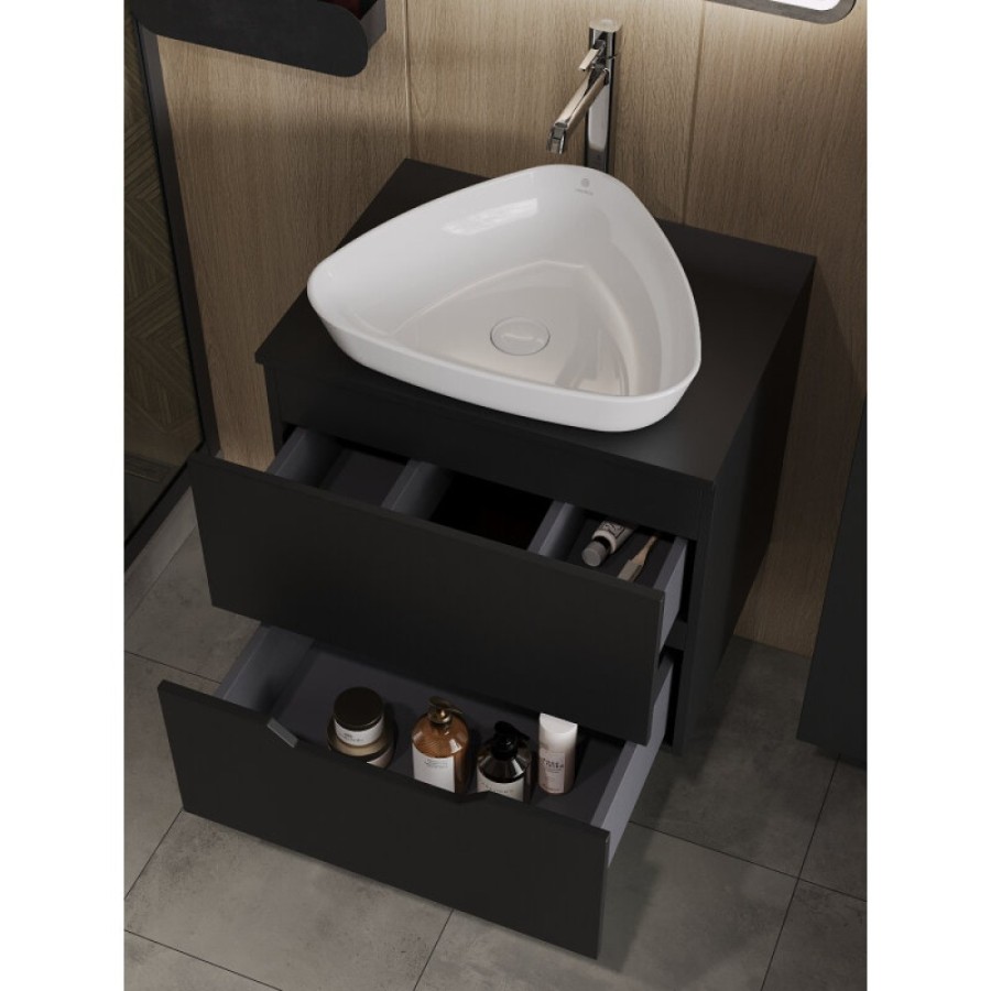 Тумба с раковиной Orange Line Li-60TubMDF+B07-500W, 60 см, подвесная, цвет черный матовый Soft Touch
