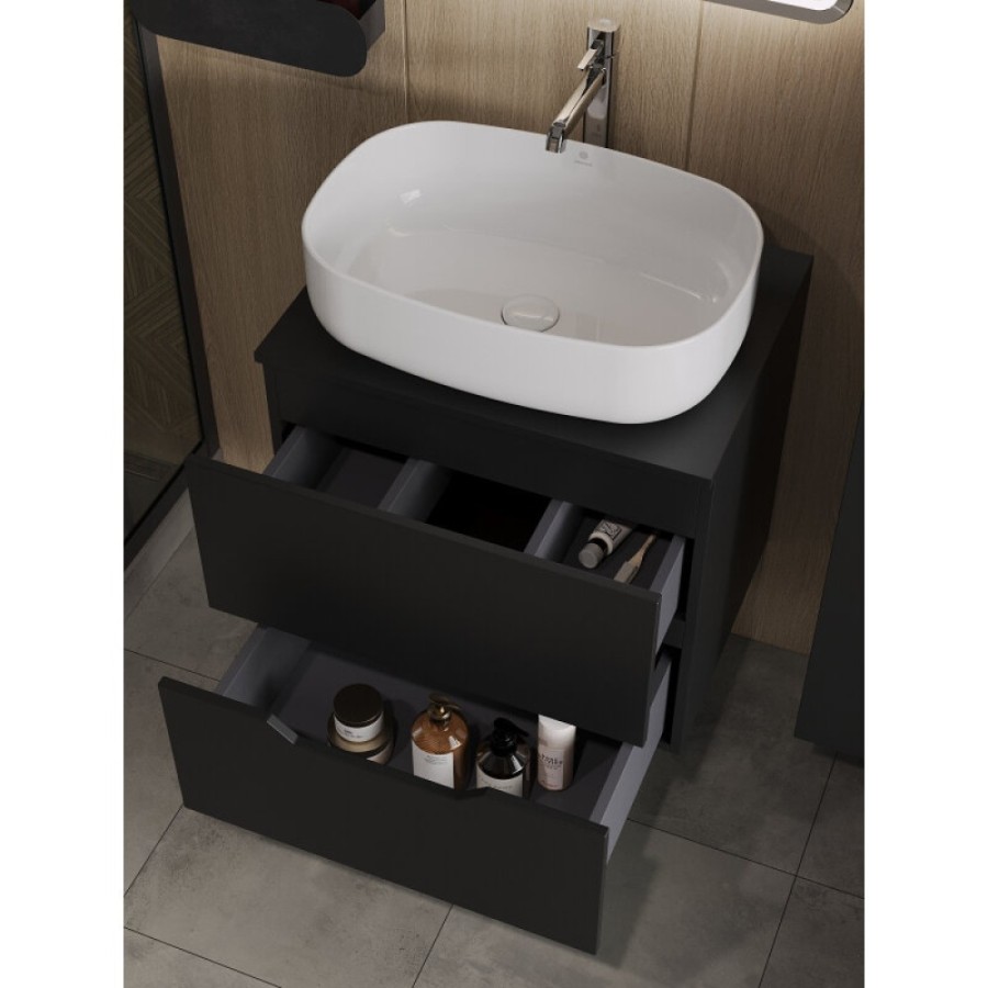 Тумба с раковиной Orange Line Li-60TubMDF+B07-540W, 60 см, подвесная, цвет черный матовый Soft Touch