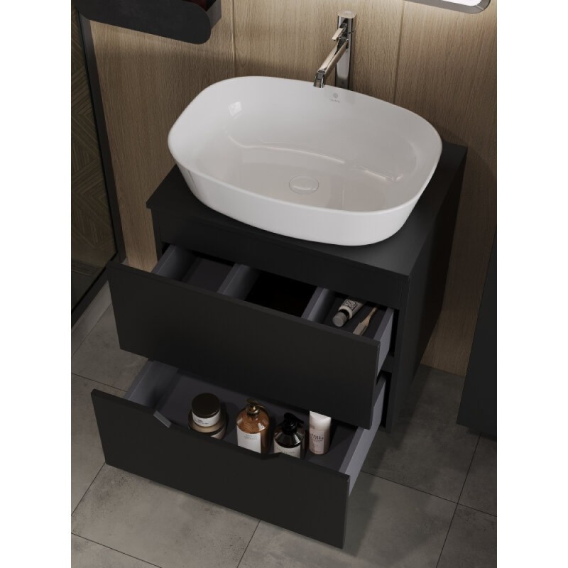 Тумба с раковиной Orange Line Li-60TubMDF+B08-500W, 60 см, подвесная, цвет черный матовый Soft Touch
