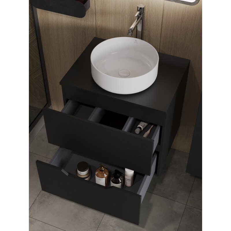 Тумба с раковиной Orange Line Li-60TubMDF+B09-360W, 60 см, подвесная, цвет черный матовый Soft Touch
