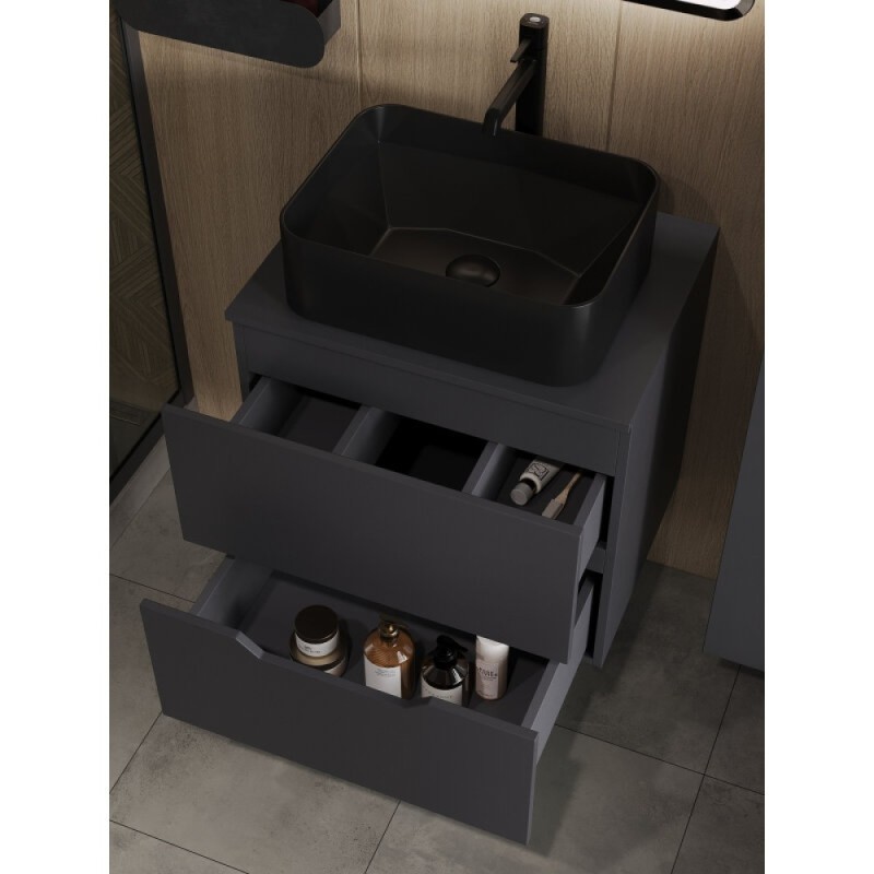 Тумба с раковиной Orange Line Li-60TugMDF+B02-460MB, 60 см, подвесная, графит матовый Soft Touch