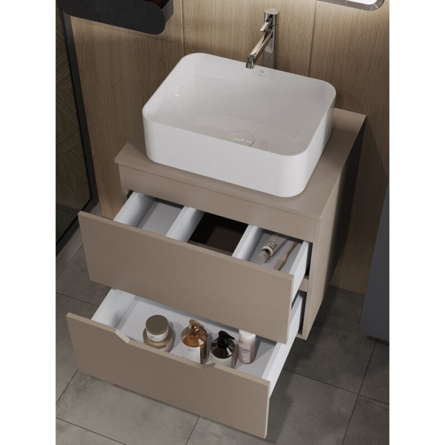 Тумба с раковиной Orange Line Li-60TuLMDF+B02-460W, 60 см, подвесная, цвет латте матовый Soft Touch