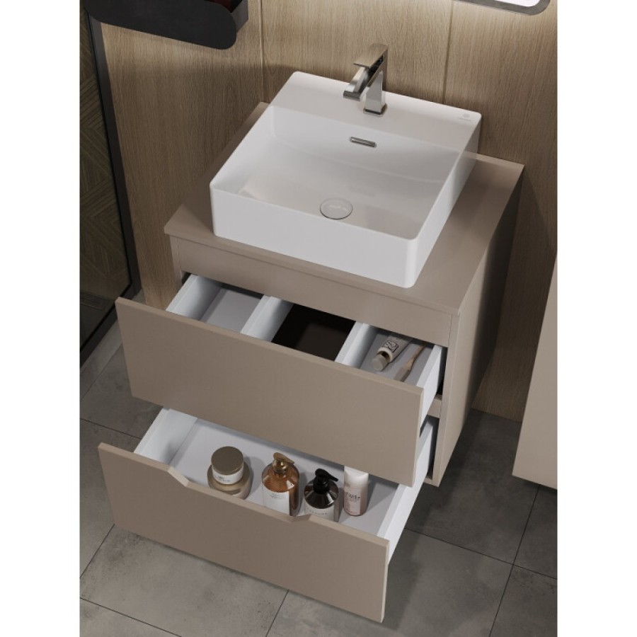 Тумба с раковиной Orange Line Li-60TuLMDF+B04-405W, 60 см, подвесная, цвет латте матовый Soft Touch