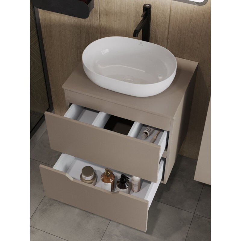 Тумба с раковиной Orange Line Li-60TuLMDF+B05-480W, 60 см, подвесная, цвет латте матовый Soft Touch
