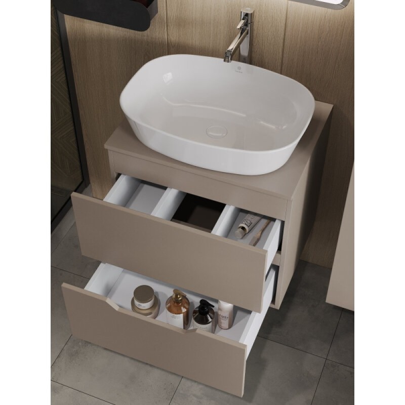 Тумба с раковиной Orange Line Li-60TuLMDF+B08-500W, 60 см, подвесная, цвет латте матовый Soft Touch