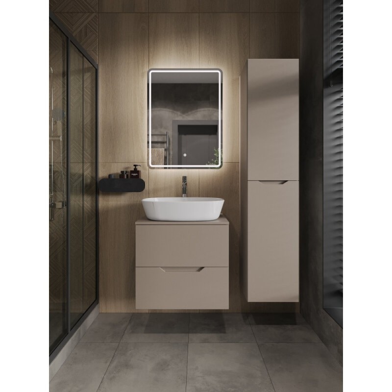 Тумба с раковиной Orange Line Li-60TuLMDF+B08-500W, 60 см, подвесная, цвет латте матовый Soft Touch