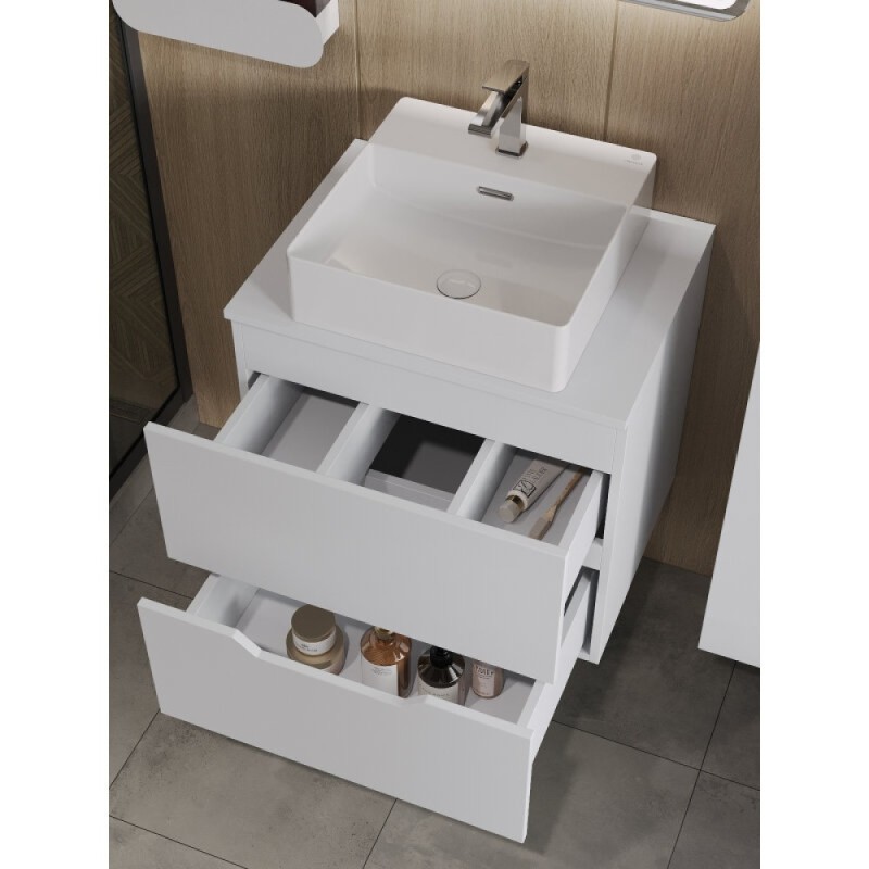 Тумба с раковиной Orange Line Li-60TuwMDF+B04-405W, 60 см, подвесная, цвет белый матовый Soft Touch
