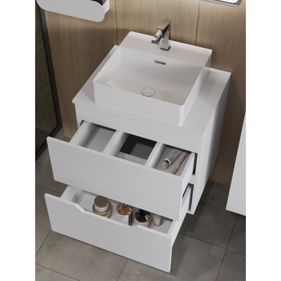 Тумба с раковиной Orange Line Li-60TuwMDF+B04-405W, 60 см, подвесная, цвет белый матовый Soft Touch