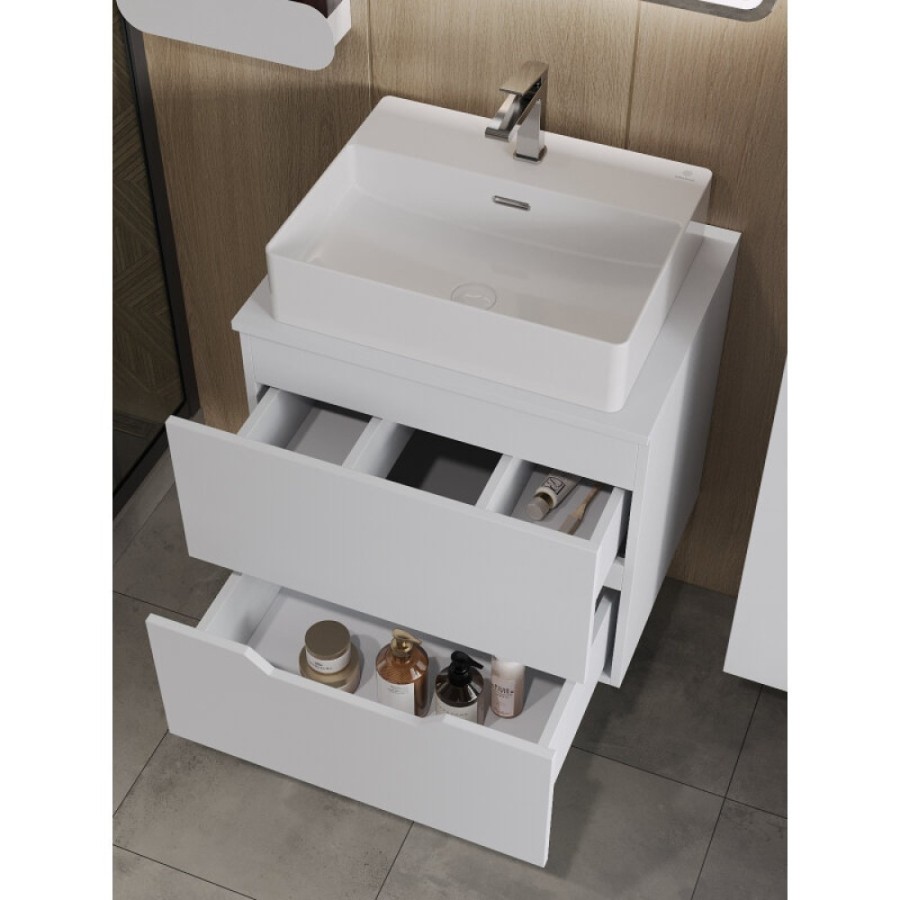 Тумба с раковиной Orange Line Li-60TuwMDF+B04-500W, 60 см, подвесная, цвет белый матовый Soft Touch