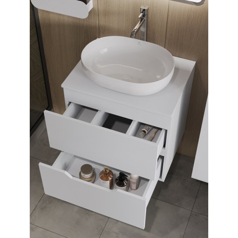Тумба с раковиной Orange Line Li-60TuwMDF+B05-480W, 60 см, подвесная, цвет белый матовый Soft Touch