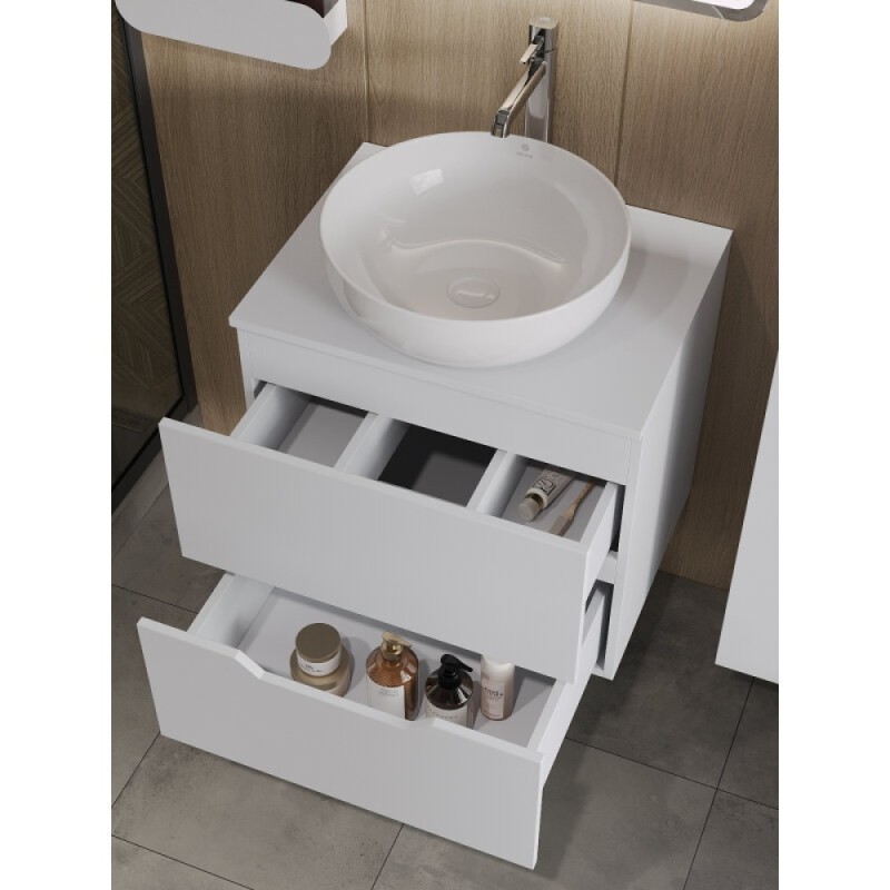 Тумба с раковиной Orange Line Li-60TuwMDF+B07-420W, 60 см, подвесная, цвет белый матовый Soft Touch