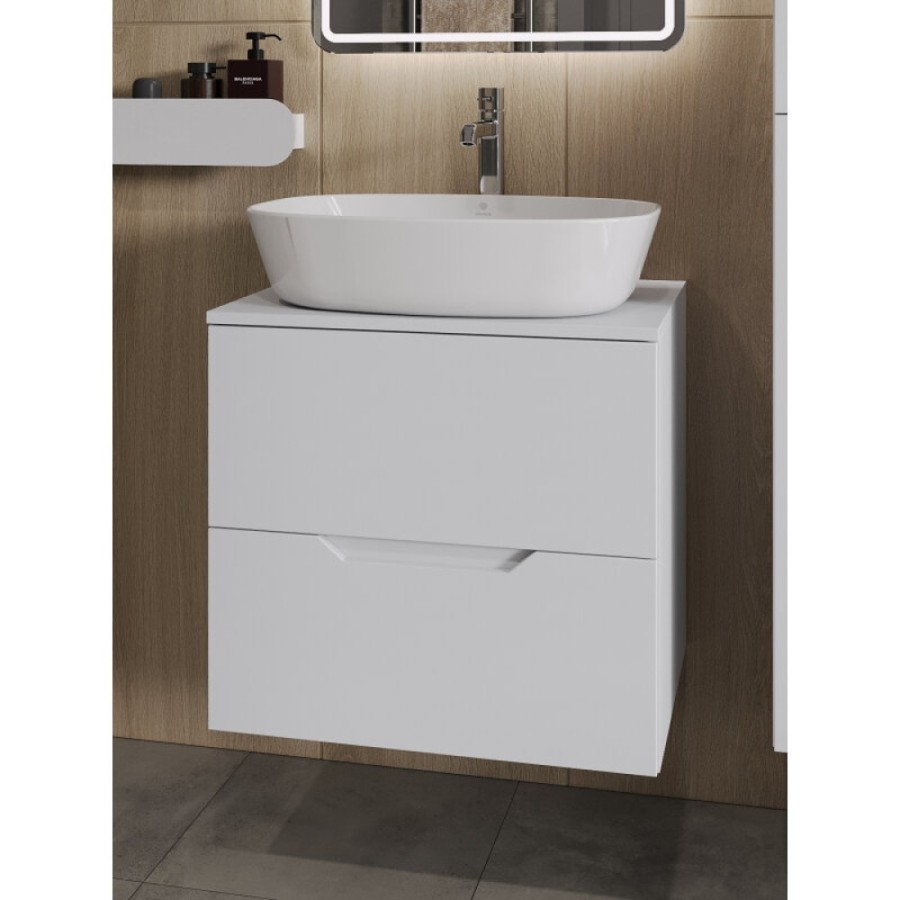 Тумба с раковиной Orange Line Li-60TuwMDF+B08-500W, 60 см, подвесная, цвет белый матовый Soft Touch