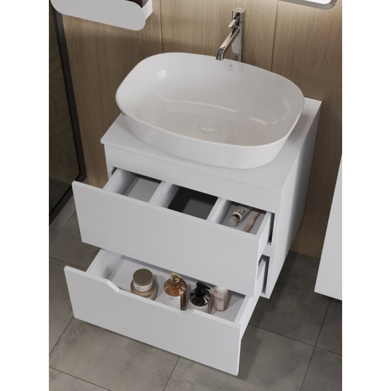 Тумба с раковиной Orange Line Li-60TuwMDF+B08-500W, 60 см, подвесная, цвет белый матовый Soft Touch