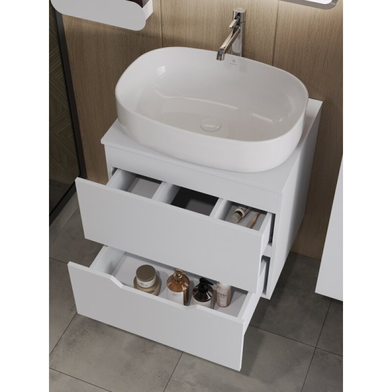 Тумба с раковиной Orange Line Li-60TuwMDF+B08-600W, 60 см, подвесная, цвет белый матовый Soft Touch