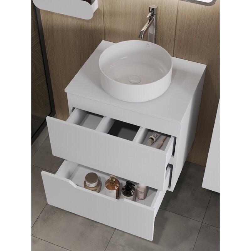 Тумба с раковиной Orange Line Li-60TuwMDF+B09-360W, 60 см, подвесная, цвет белый матовый Soft Touch